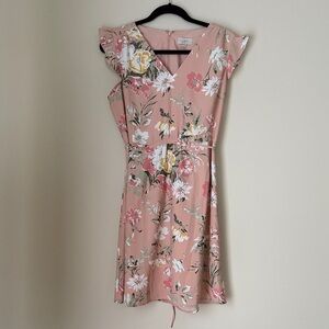 LOFT Women's Blush Pink Floral Mini Dress Adjustable tie Zip Back Size M NWT
